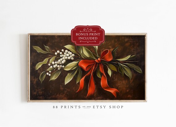 Christmas Mistletoe Red Bow Vintage Oil Painting Holiday Print Gift