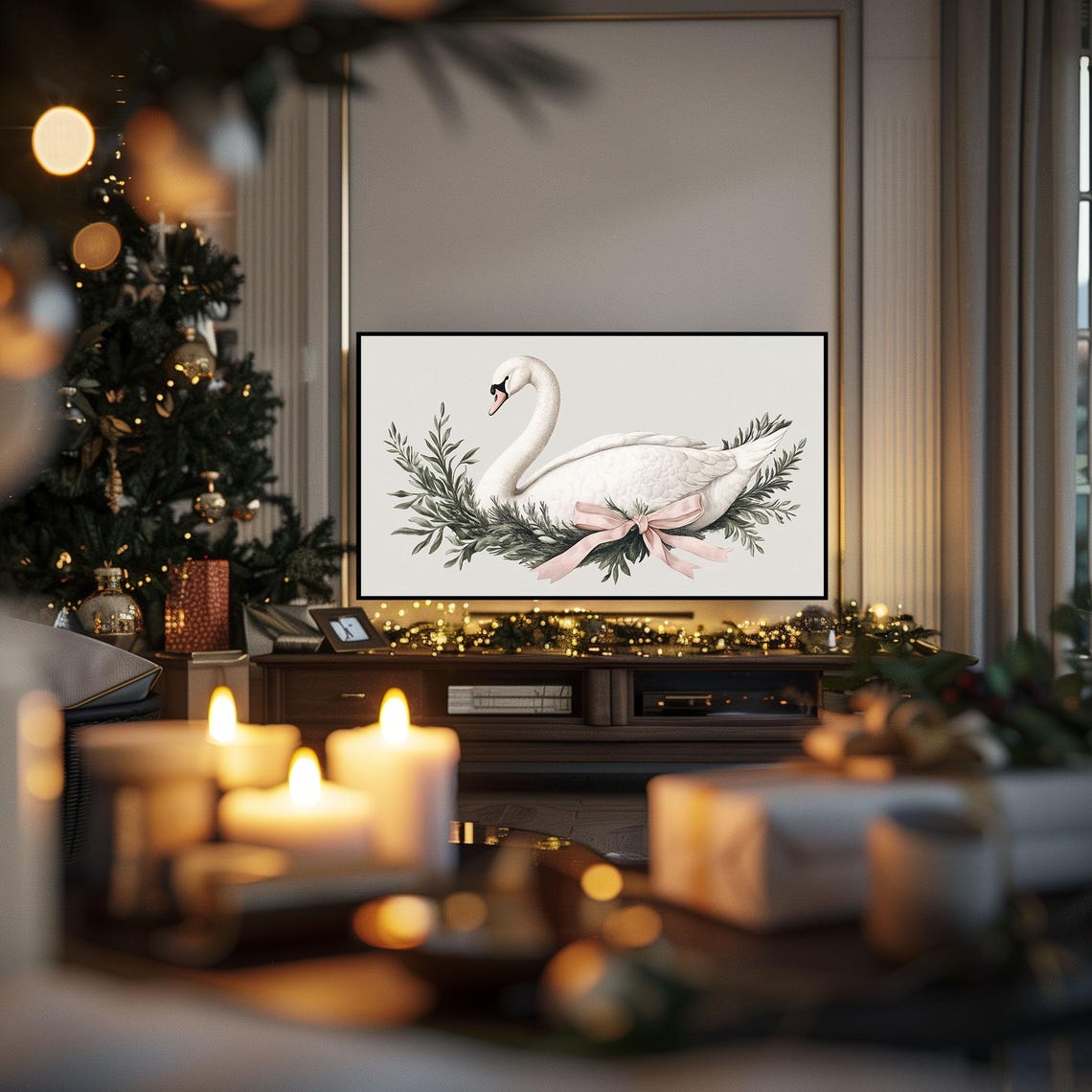 White Swan with Blush Pink Bow Christmas Greenery Wreath Art Poster - Image 3