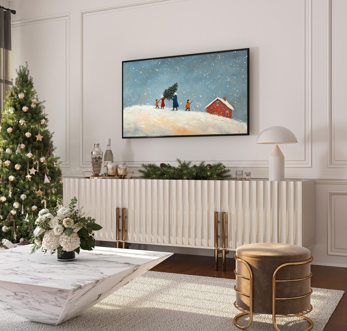 Family Carrying Christmas Tree Folk Art Snowy Farmhouse Poster - Image 4