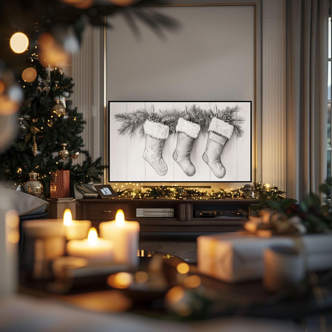 Christmas Stockings Sketch Pine Garland Holiday Mantel Decor Poster - Image 3