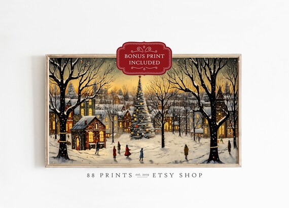 Snowy Christmas Village Square Tree Dusk Winter Town Scene Poster
