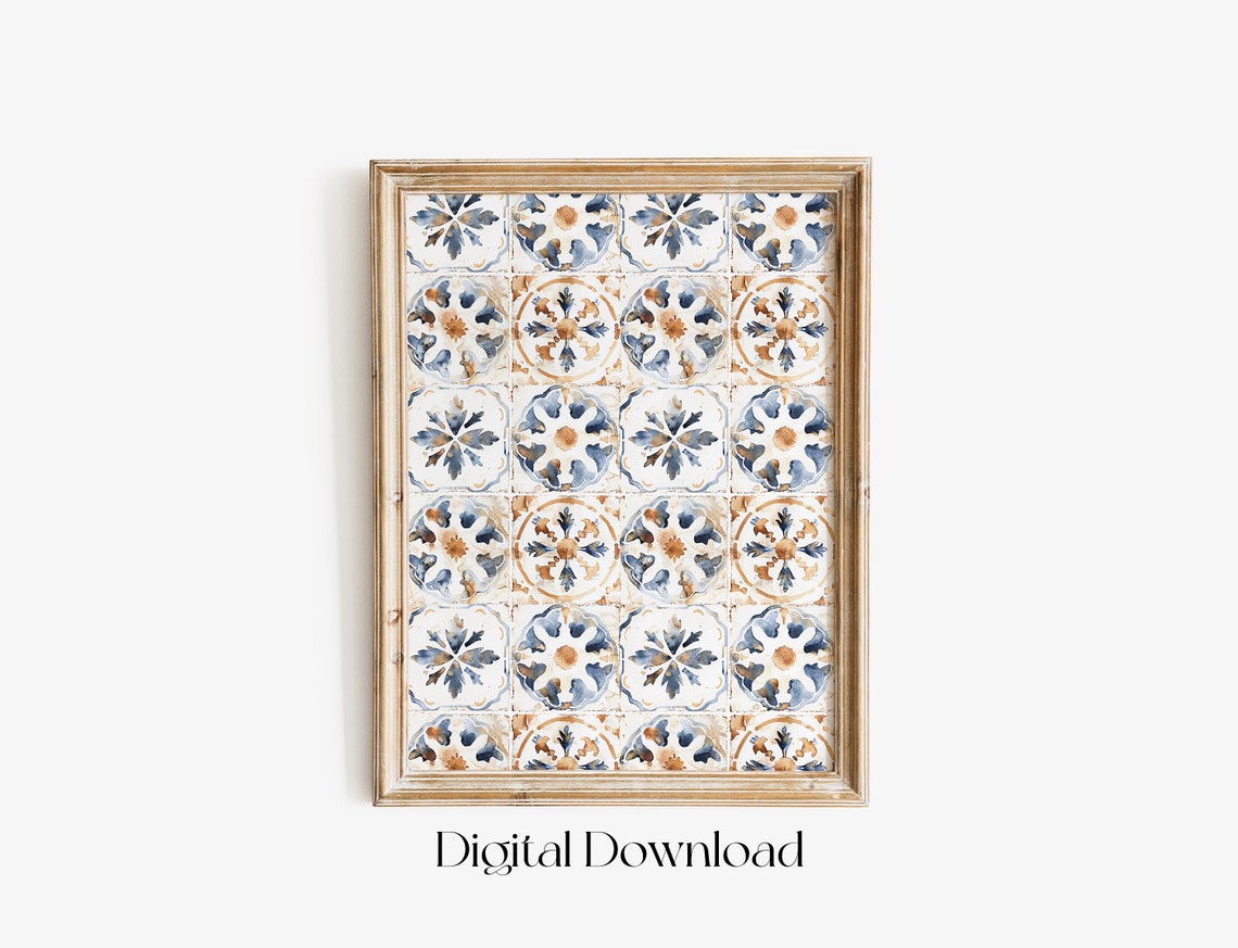 Mediterranean Tile Pattern Blue Brown Watercolor Kitchen Wall Art - Image 2