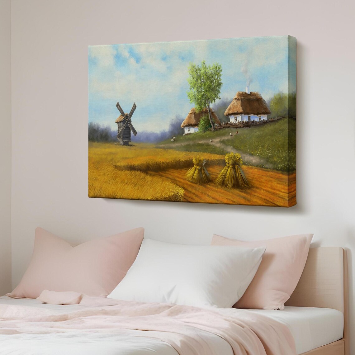 Ukrainian Village Harvest Windmill Thatched Cottage Wheat Field Painting Poster