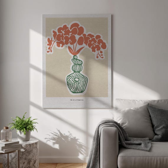 Abstract Flower Canvas Art Modern Graphic Vase Wall Print Beige Minimalist Poster Framed Japandi Style Decor For Calm Living Spaces