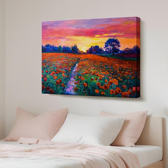 Red Poppy Field at Sunset Impasto Oil Painting Vibrant Poster