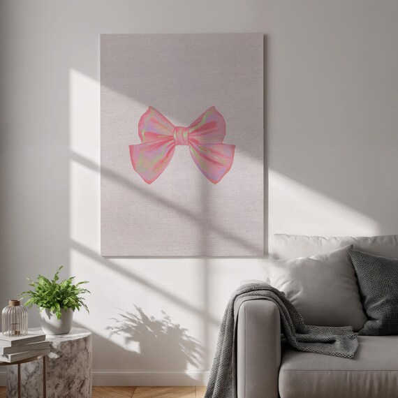 Pink Bow Canvas Wall Art Minimalist Girly Room Decor Pastel Print Framed Cute For Bedroom And Dressing Accent