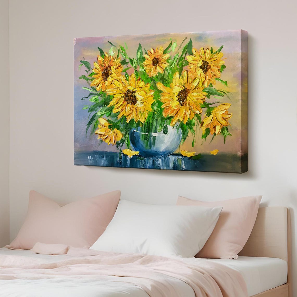 Sunflowers in Blue Glass Vase Oil Painting Style Floral Wall Art