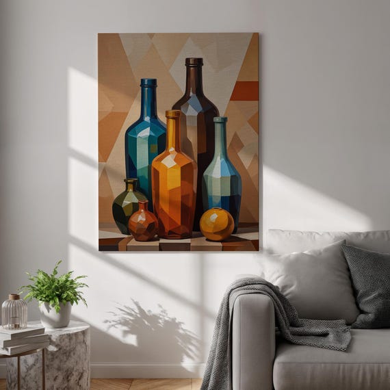 Geometric Bottle Canvas Wall Art Color Block Still Life Print Abstract Retro Kitchen Decor Framed Minimal Painting For Modern Interiors