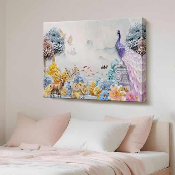 Animals In The Forest Decorative Canvas Wall Art Surreal Print Large Housewarming Gift