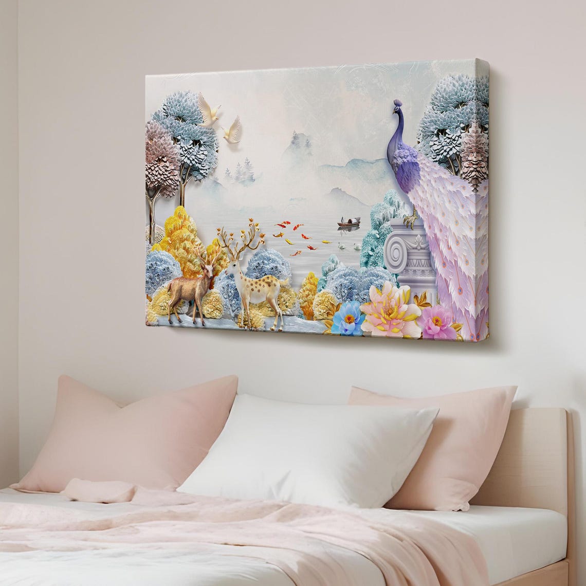 Peacock and Deer Dreamy Pastel Forest Fantasy Animal Canvas Print