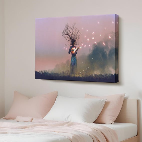 Midnight Woman Playing The Lute Canvas Art Housewarming Gift Large Wall Framed Surreal