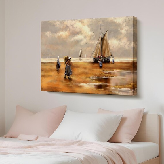 Fishing Boat Landing on Sandy Beach Vintage Seaside Canvas Poster