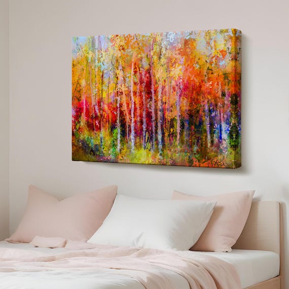Autumn Trees Oil Painting Look Decorative Canvas Wall Art Abstract Print Framed Modern Decor