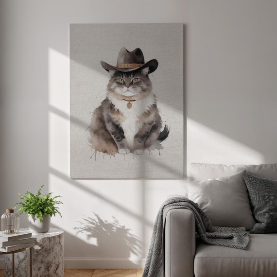 Cowboy Cat Canvas Wall Art Funny Watercolor Animal Print Western Style Pet Portrait Framed Humorous Decor For Living Room And Office