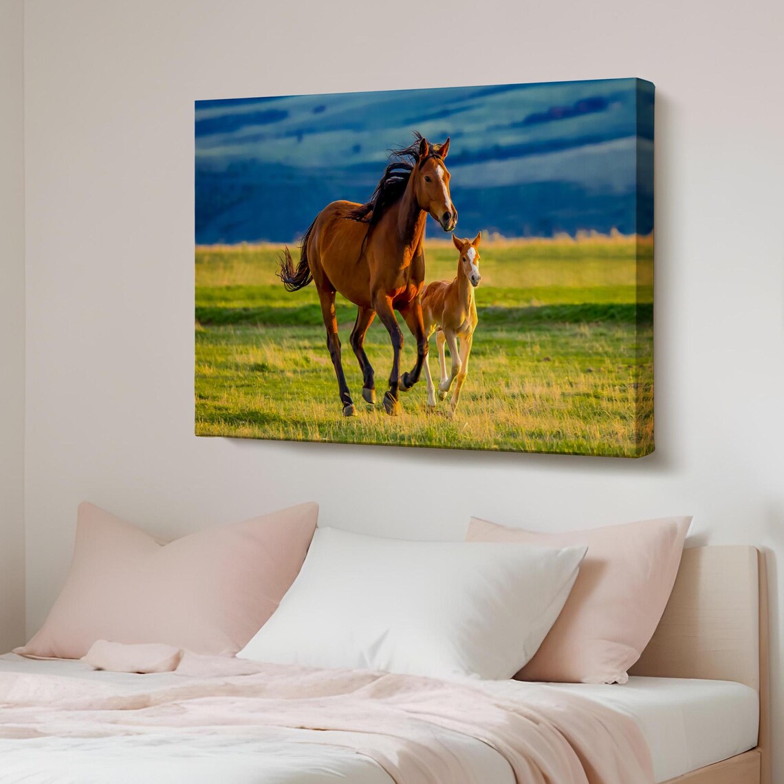 Mare And Foal Running Sunlit Green Pasture Horse Photography Art Poster