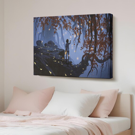 Woman in Twilight Forest Fireflies Fantasy Illustration Poster