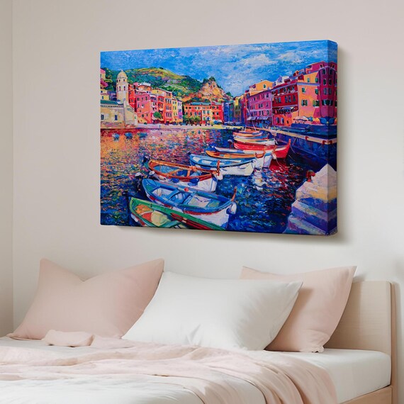 Italian Harbor Colorful Boats Fishing Village Oil Painting Poster
