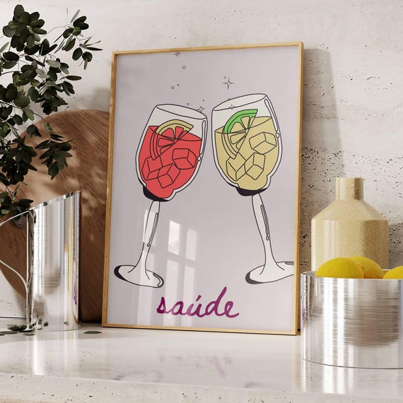 Sade Cheers Cocktail Wall Art Portuguese Retro Bar Cart Handdrawn Drink Illustration Kitchen Dining Room Decor