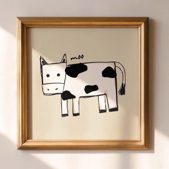 Cow Print Badly Drawn Animal Art Poster Square Wall Funny Hand Sketch