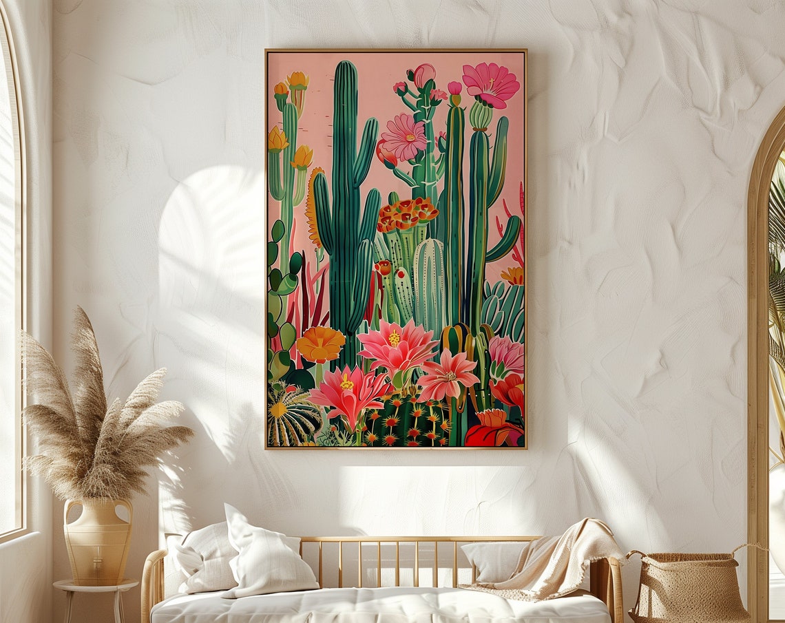 Blooming Cactus Pink Botanical Desert Flowers Vivid Art Poster