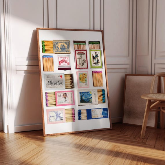 Vintage Matchbox Print Trendy Matches Poster Retro Matchbook Wall Art Vintage Stamps Designs Aesthetic Print For Apartment Retro Art