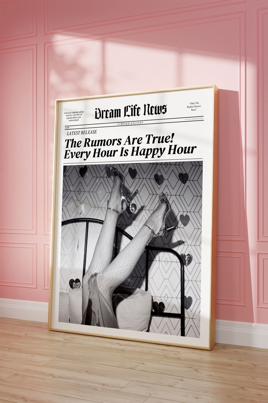 Dream Life News Happy Hour Headline Poster Fun Bar Cart Decor Art