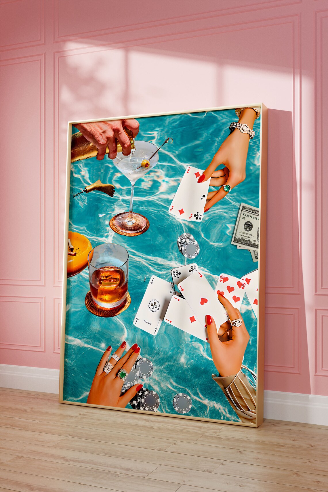 Vintage Blue Playing Cards, Retro Bar Cart Art Print - Image 2