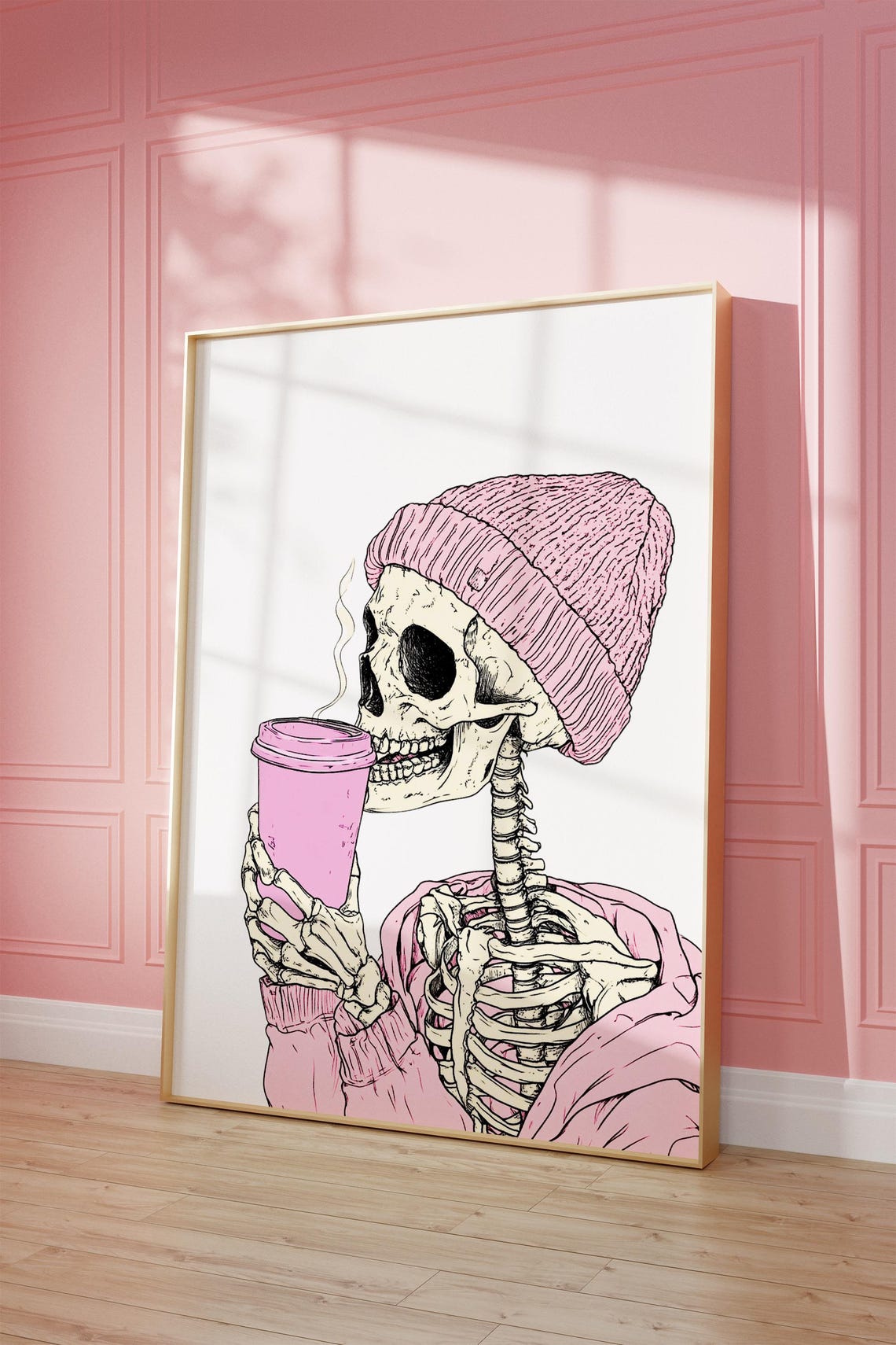 Pink Skeleton Drinking Coffee With Pink Beanie And Hoodie Poster - Image 3