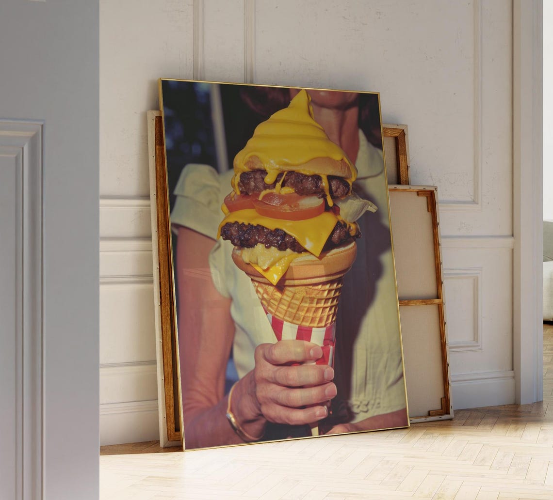 Cheeseburger Served in an Ice Cream Cone Retro Food Art Poster - Image 2