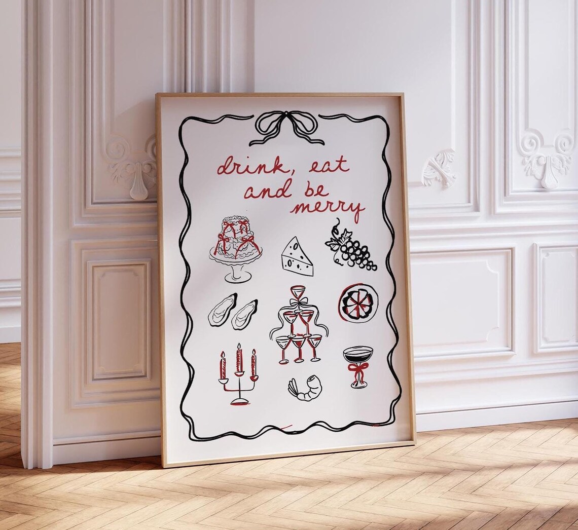 Drink Eat And Be Merry Holiday Poster Bar Cart Christmas Cheer Doodle Style