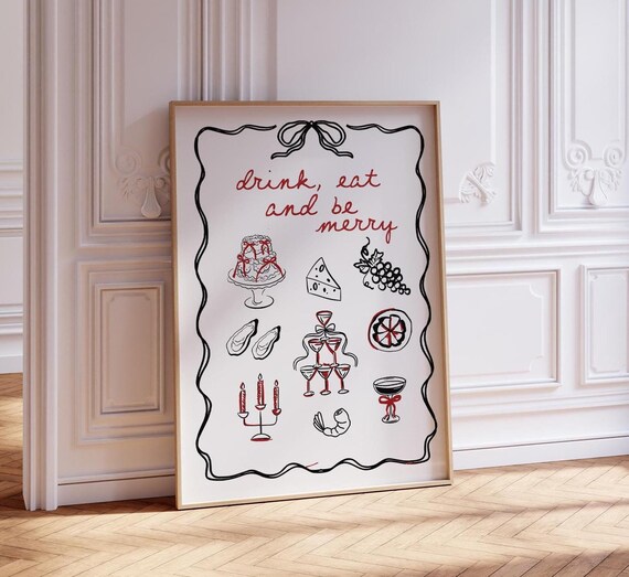 Drink Eat And Be Merry Holiday Poster Bar Cart Christmas Cheer Doodle Style