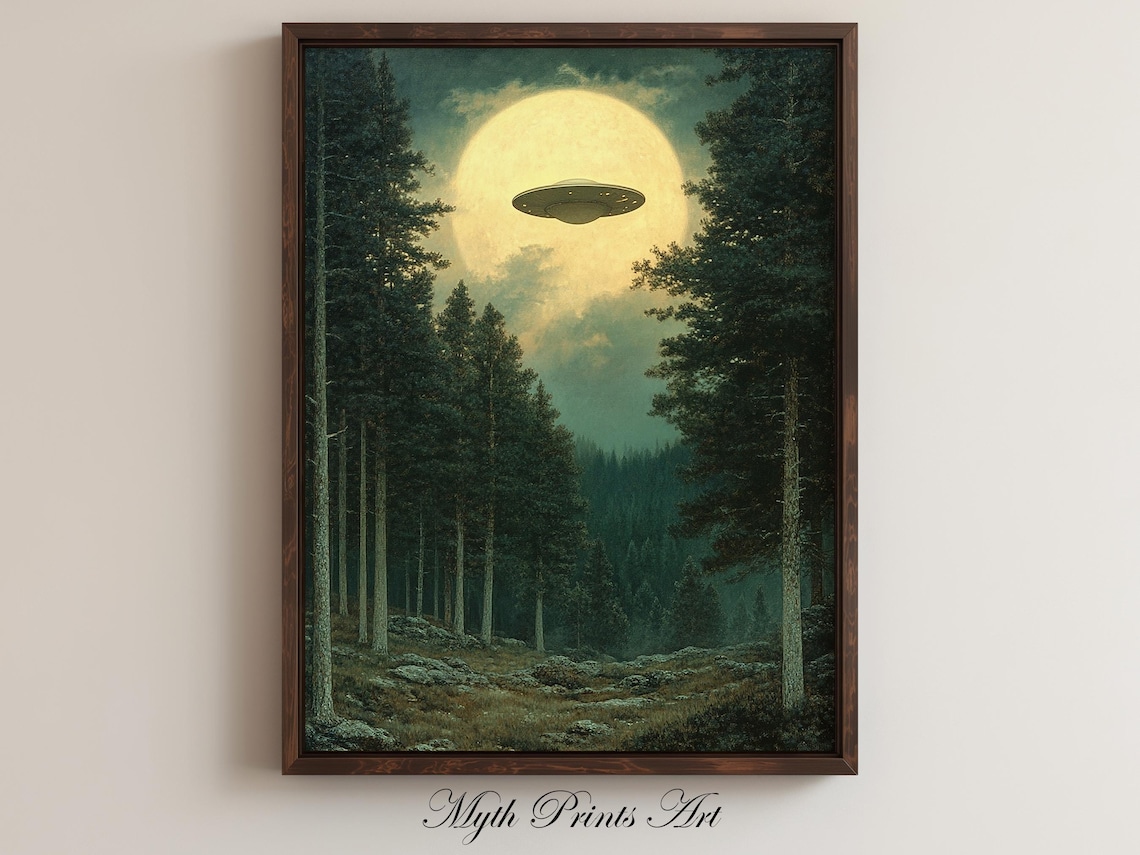 Flying Saucer Moonlit Forest Vintage Art Print