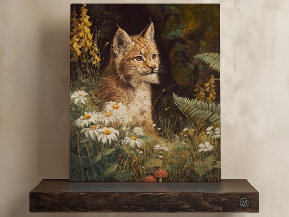 Lynx Kitten with Daisies Vintage Wildlife Nature Painting Poster