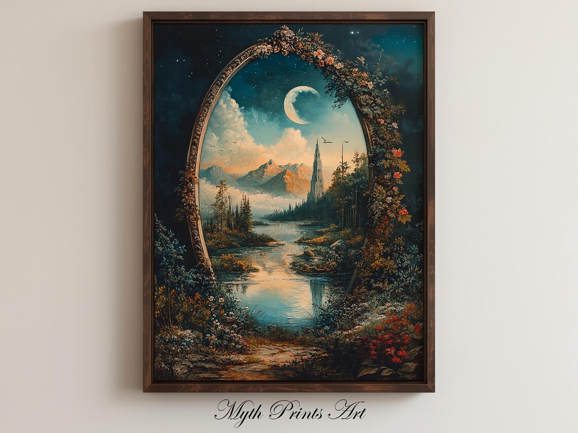 Enchanted Mirror Portal Moonlit Mountain Lake Fantasy Wall Art