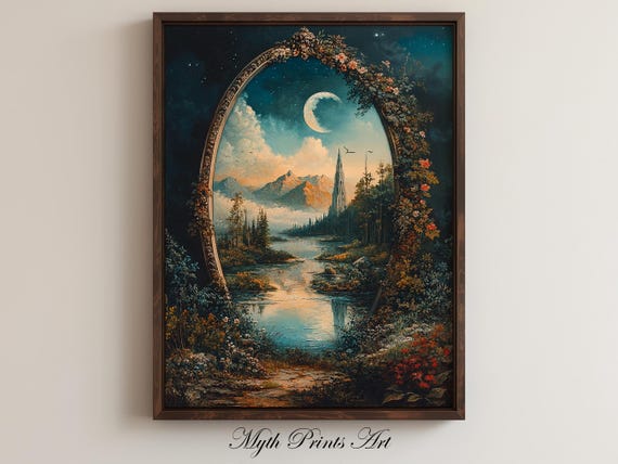 Whimsical Mirror World Print Moody Scenery Oil Painting Vintage Antique Art Dark Academia Magical Landscape Wall