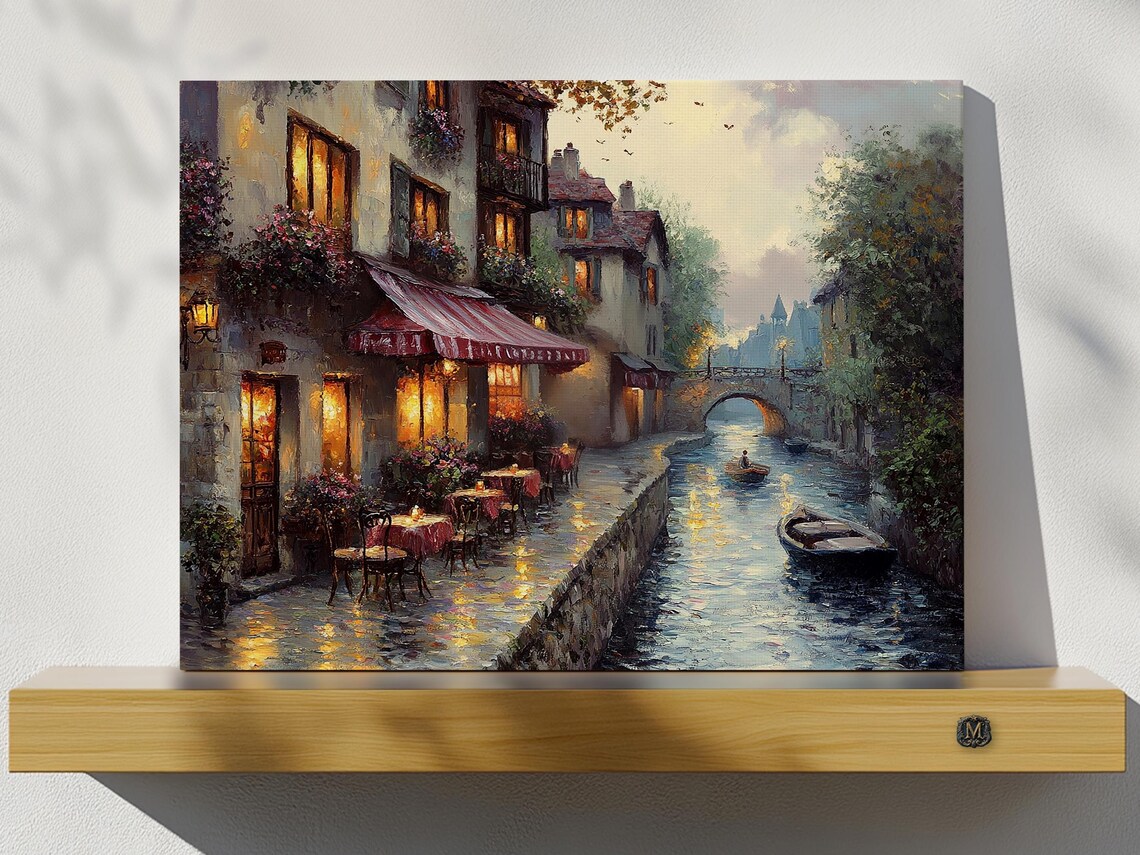 European Canal Side Café Evening Lights Romantic Oil Painting Poster