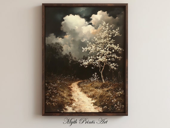 White Blossoms Tree Moody Landscape Print Atmospheric Painting Wall Art Nature Vintage Antique