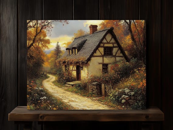 Cozy Autumn Cottage Print On Canvas Or Premium Archival Paper Vintage Fall Landscape Oil Painting Countryside Nature Wall Art Home Decor