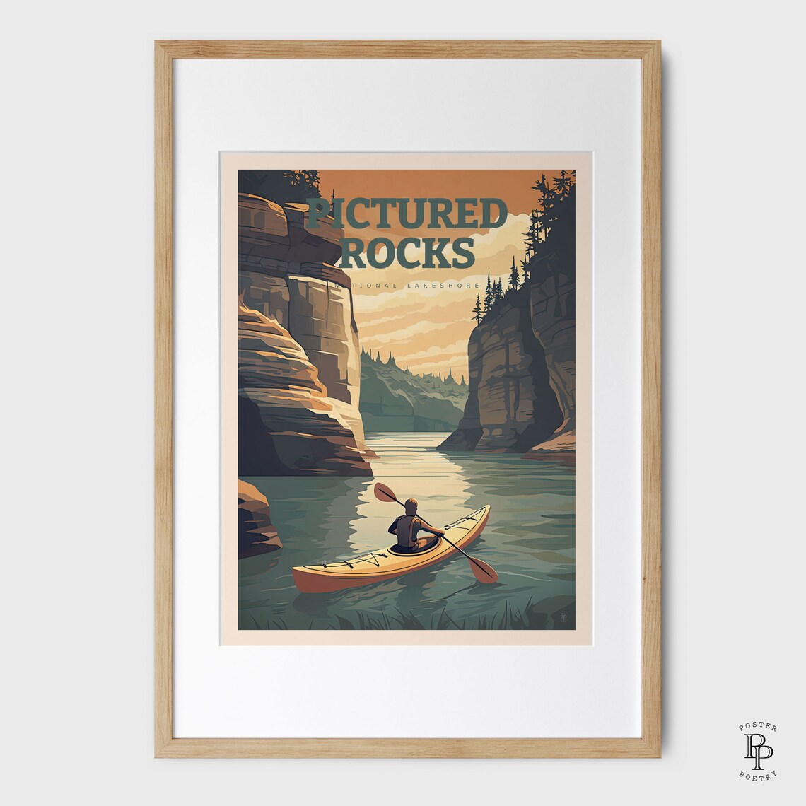 Pictured Rocks National Lakeshore Kayaker Sandstone Cliffs Sunset Travel Poster - Image 4