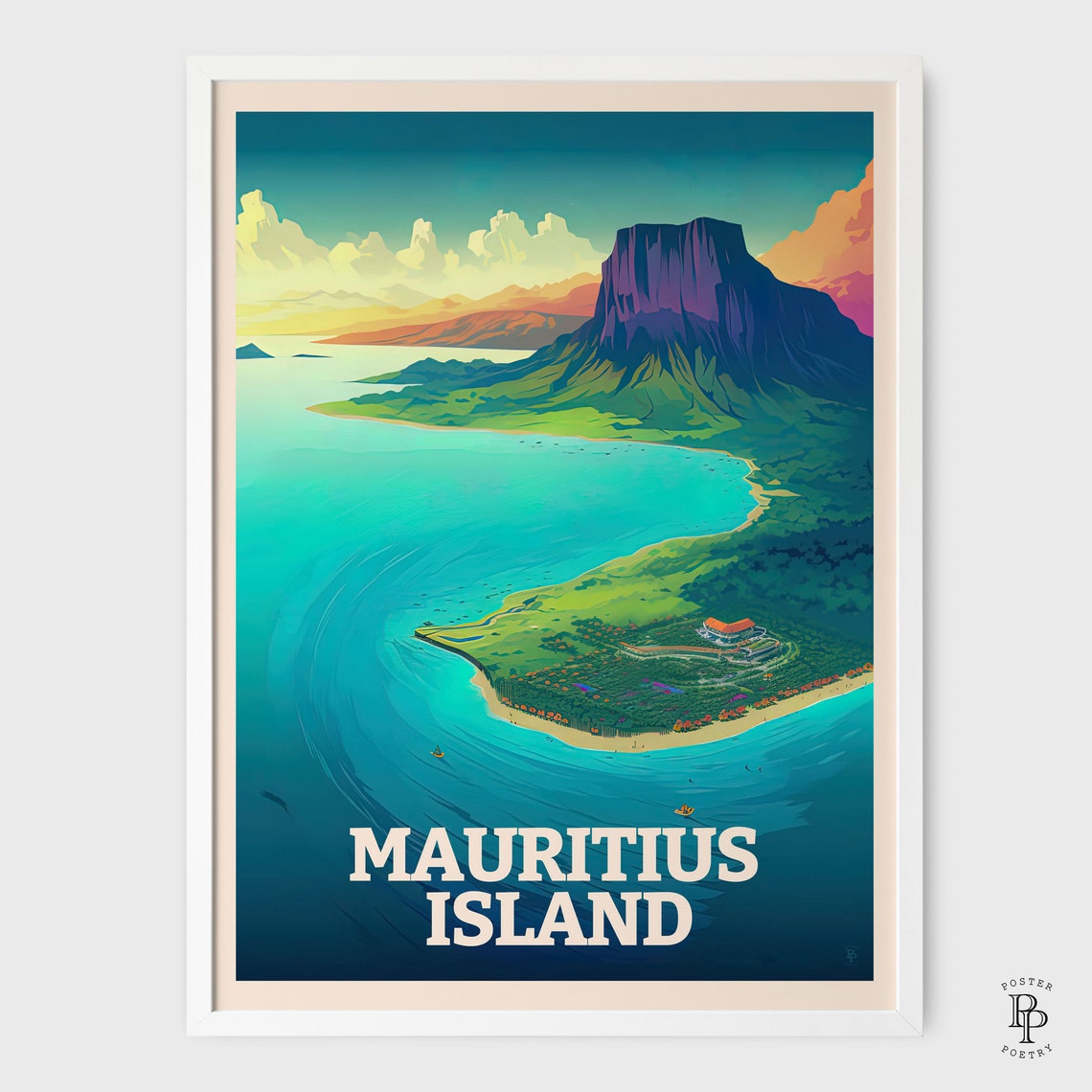 Mauritius Island Le Morne Aerial Turquoise Lagoon Beach Travel Poster - Image 2