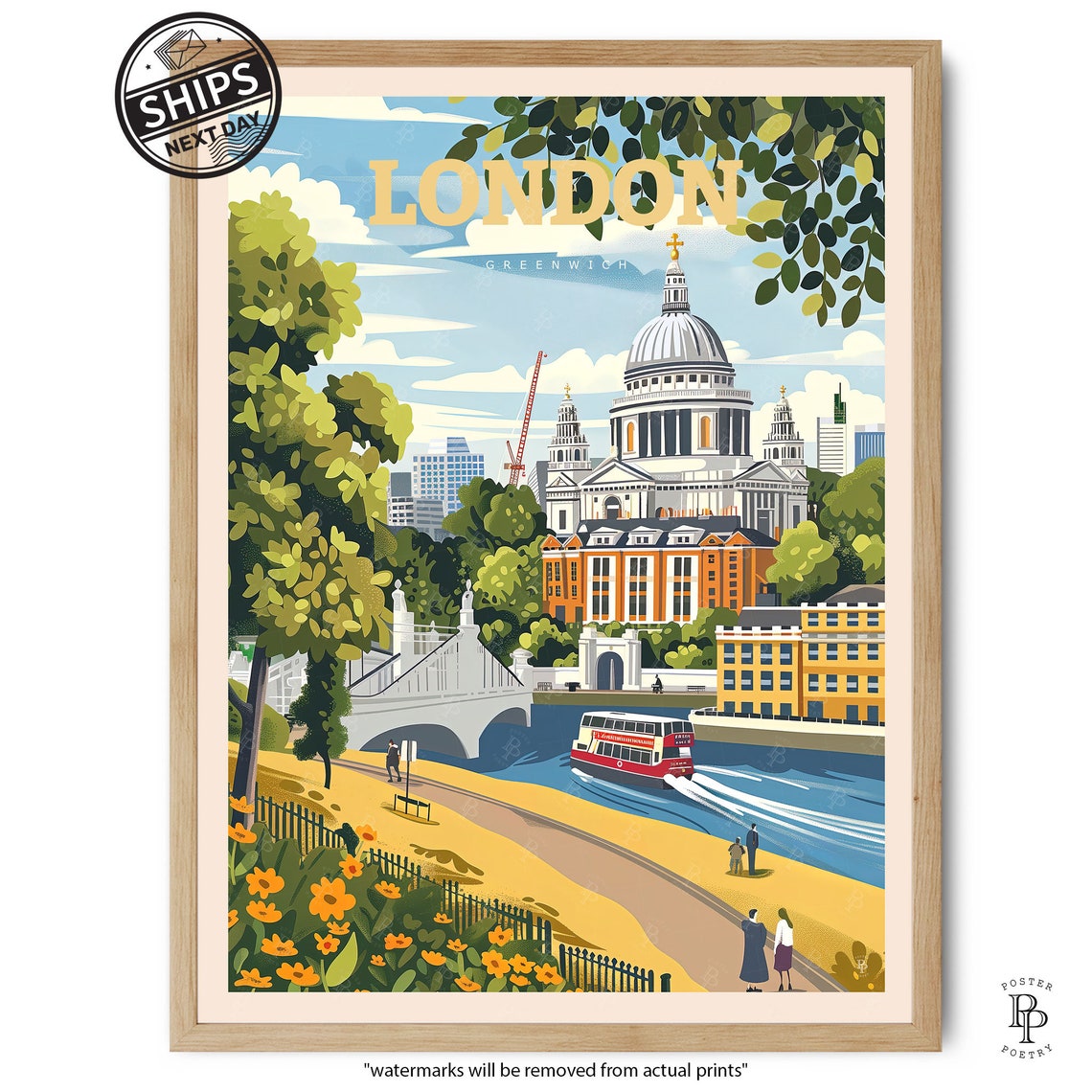 London Greenwich St Pauls Cathedral Dome Thames River Travel Poster - Image 4