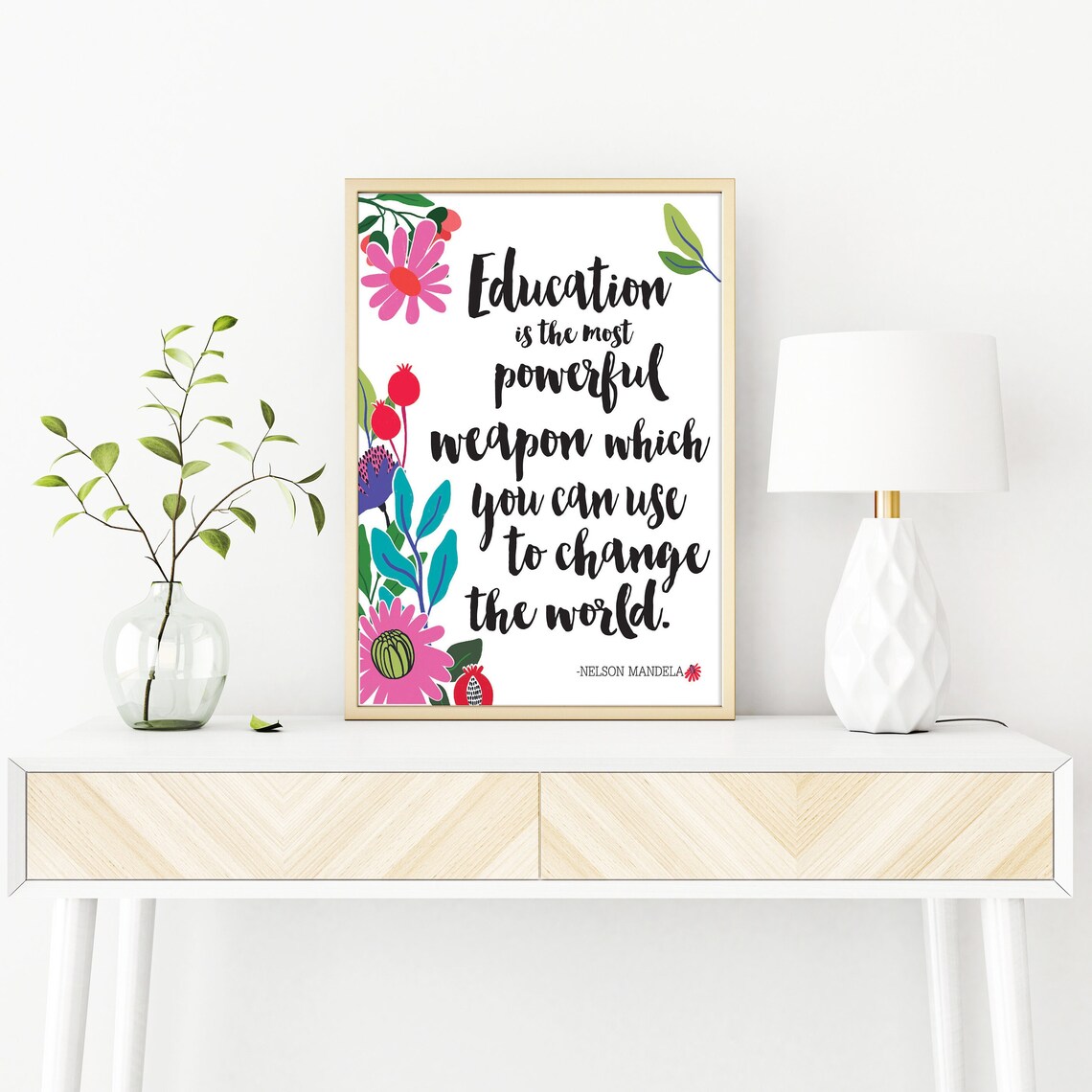 Nelson Mandela Education Most Powerful Weapon Floral Quote Poster