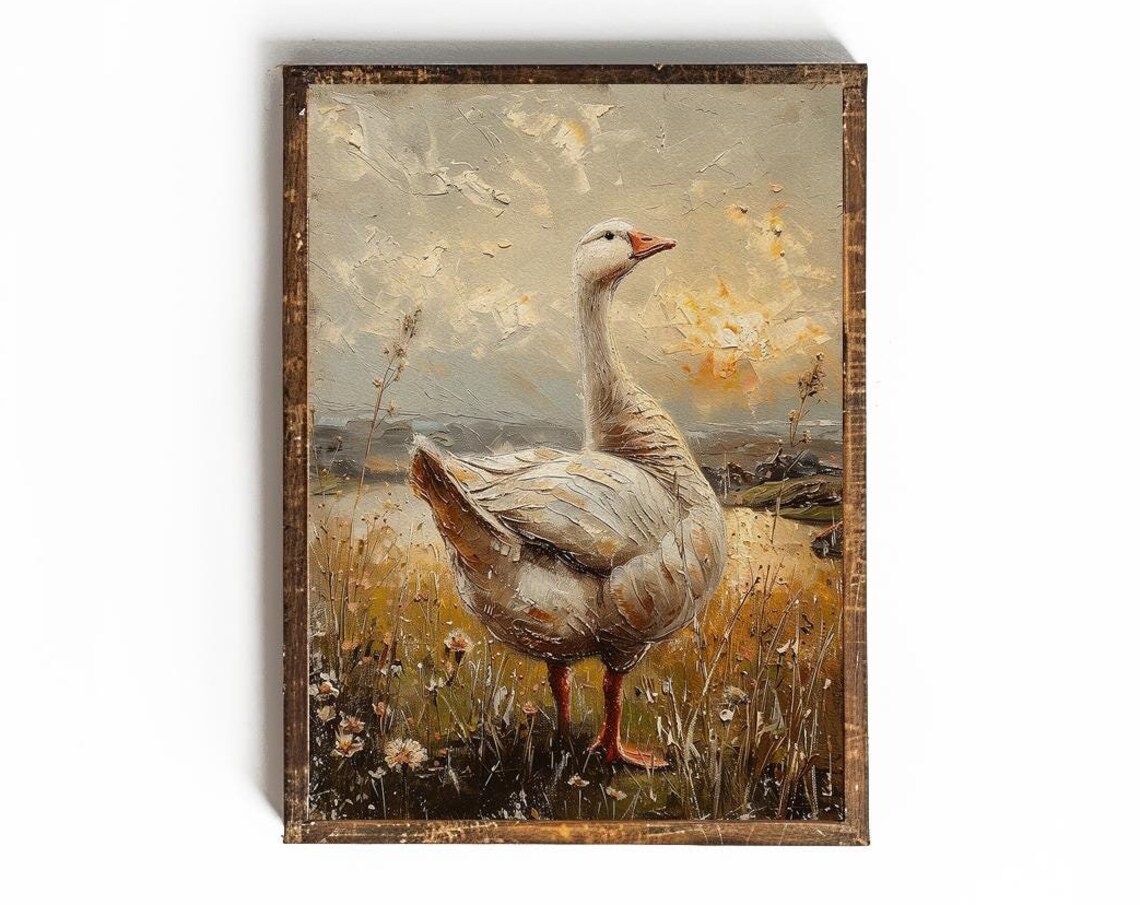 White Goose Standing In Golden Field Vintage Farm Scene Poster