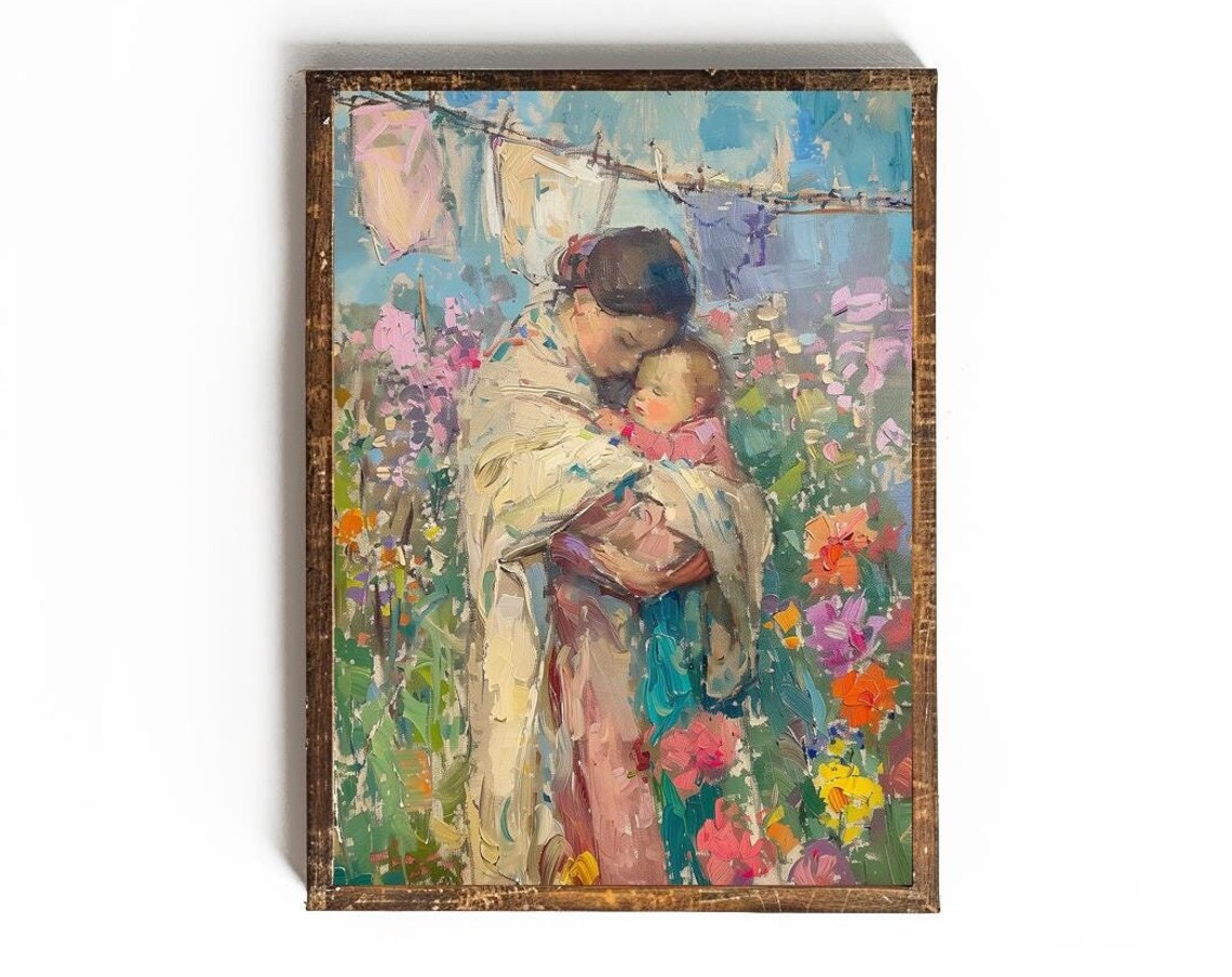 Mother Holding Baby In Blooming Garden With Laundry Line Poster