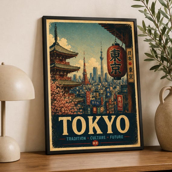 Tokyo Wall Art Print Japan Travel Poster Vintage Cityscape Japanese Culture Decor Skyline Artwork Gift