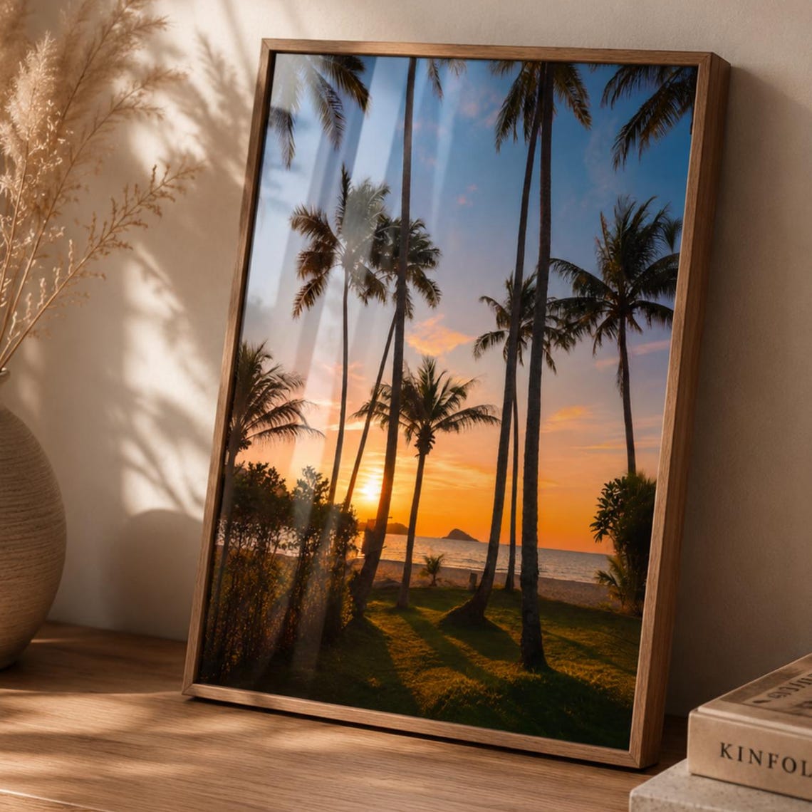 Tropical Beach Sunset Golden Hour Palm Silhouette Photo Poster
