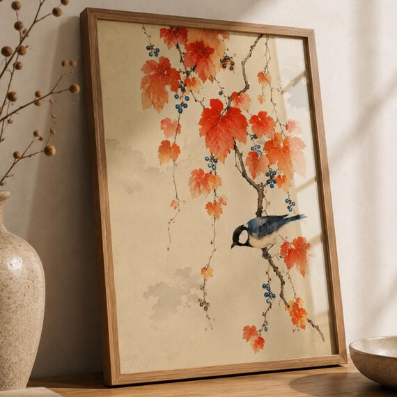 Japanese Bird Watercolor Print Blue Tit Autumn Leaves Branch Art