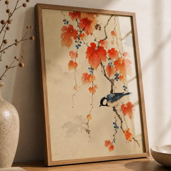 Japanese Style Bird Wall Art Autumn Leaves Nature Illustration Botanical Branch Decor Orange Foliage Print Zen Home