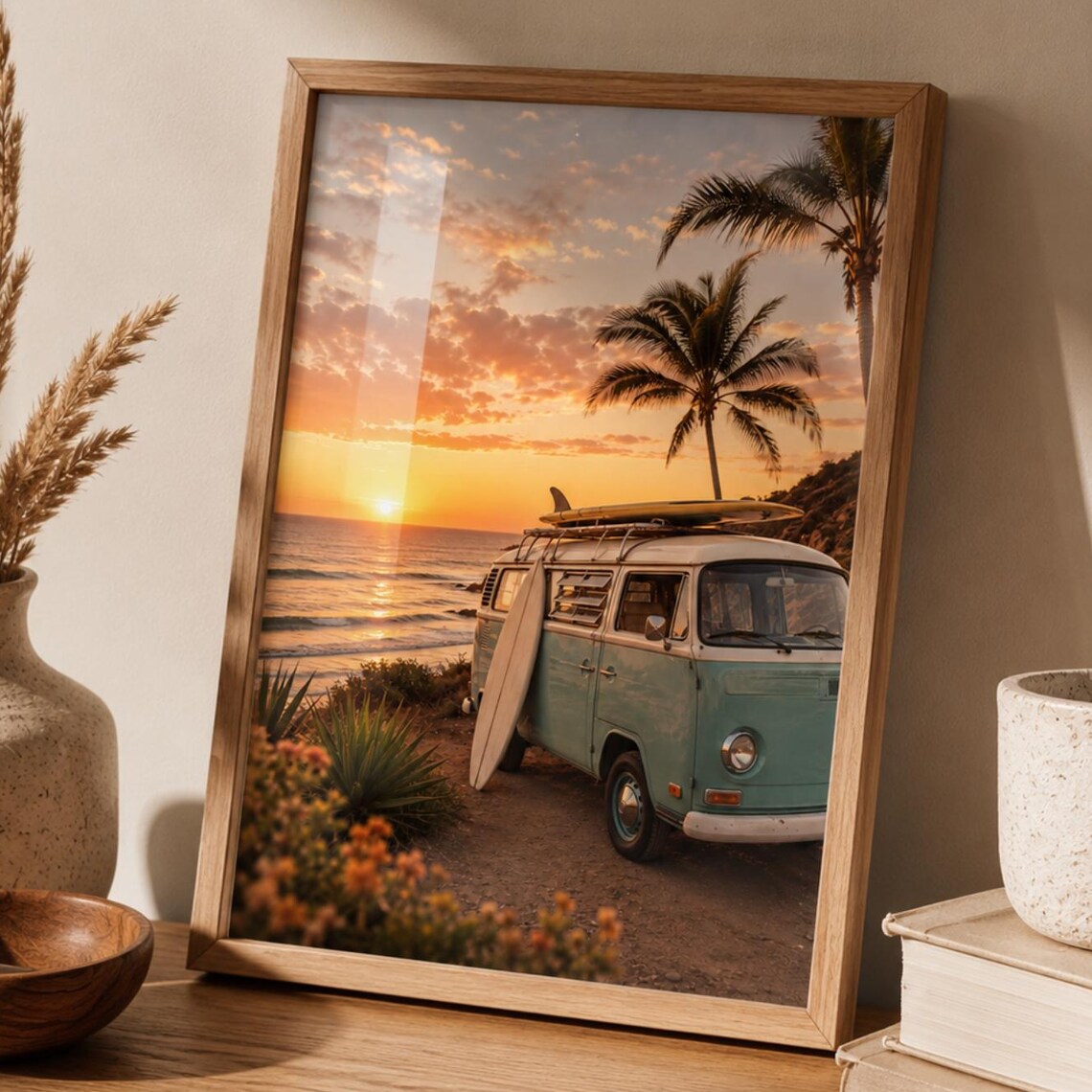 Surf Van Beach Sunset Tropical Ocean Palm Tree Travel Poster