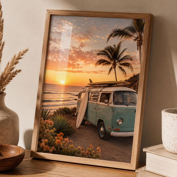 Beach Sunset Wall Art Coastal Van Poster Tropical Ocean Landscape Print Surf Decor Vintage Inspired Seaside